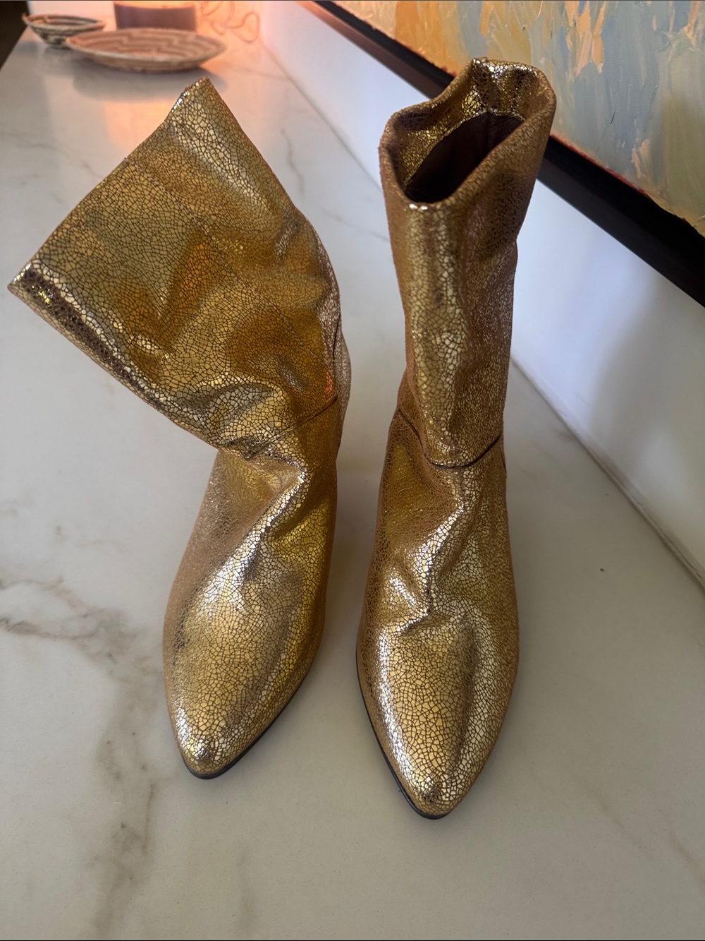 Women's Metallic Gold Pointed Ankle Booties